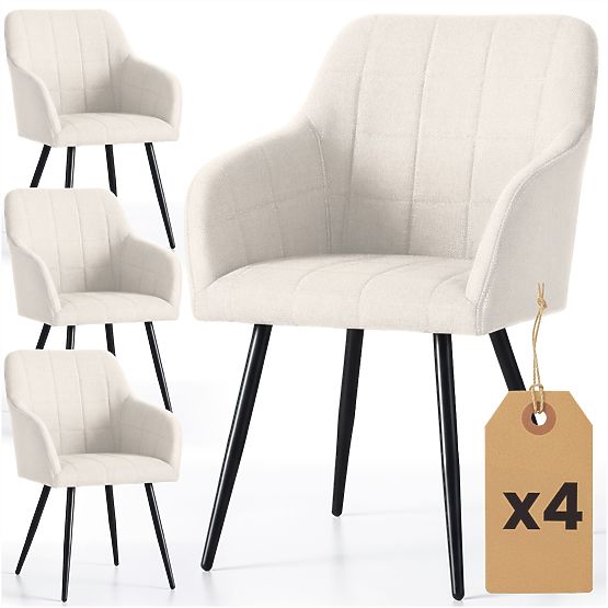 4x Čalúnená stolička so štvorcovým prešívaním Krémová LUXANO Čierne nohy látka Lumos