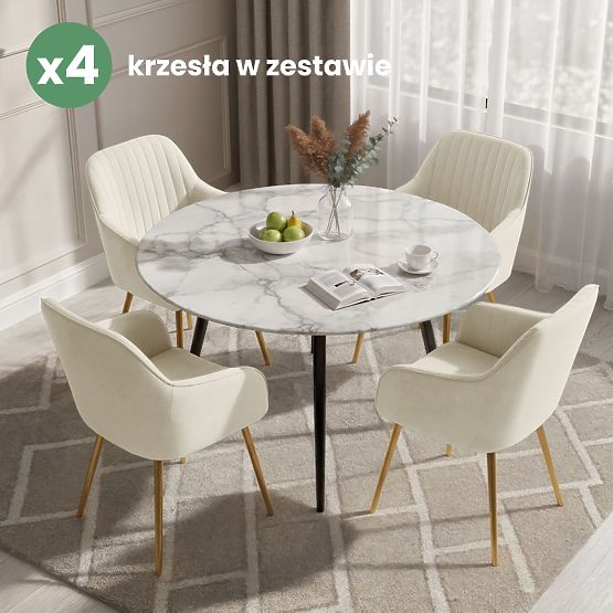 4x Zamatová čalúnená stolička s prešívaním Krémová FLORENCE Zlaté nohy