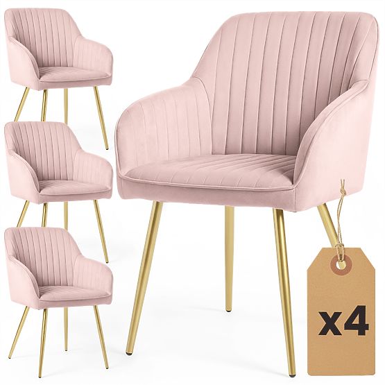 4x Zamatová čalúnená stolička s prešívaním Púdrová Ružová FLORENCE Zlaté nohy