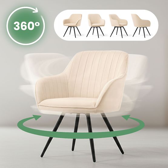 4x Zamatová otočná stolička s prešívaním Béžová TURNO Čierne nohy