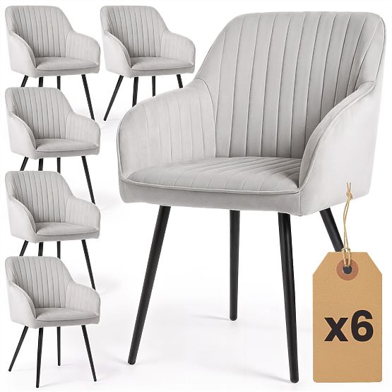 6x Zamatová čalúnená stolička s prešívaním Sivá FLORENCE Čierne nohy