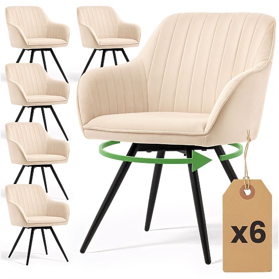 6x Zamatová otočná stolička s prešívaním Béžová TURNO Čierne nohy