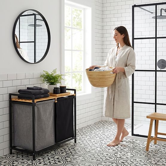 bambusový kôš na bielizeň alebo hračky HANOI BLACK 2 priehradky DUO FARBA