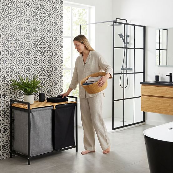 bambusový kôš na bielizeň alebo hračky HANOI BLACK 2 priehradky DUO FARBA