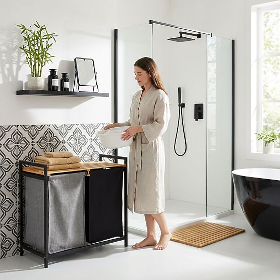 bambusový kôš na bielizeň alebo hračky HANOI BLACK 2 priehradky DUO FARBA