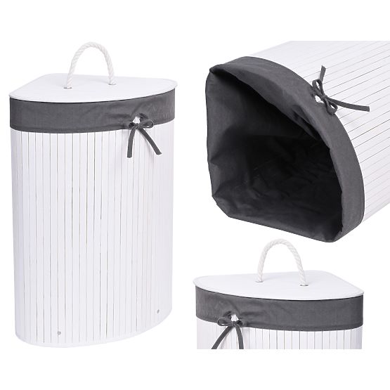 Bambusový rohový kôš na bielizeň s vekom bielo-sivý