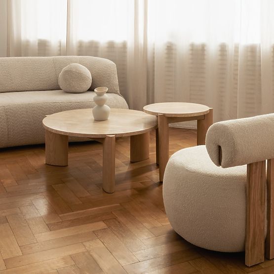 Bočný stolík Medley 50 cm, okrúhly, travertín/jaseň