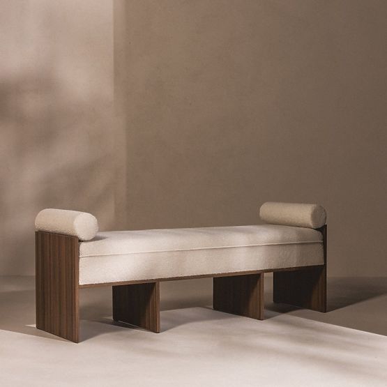 Čalúnená lavica Loppo svetlo béžová, boucle, Orech Wisconsin