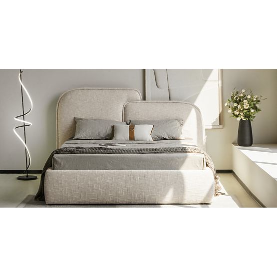 Čalúnená posteľ Nestia 160x200 cm, s roštom a úložným priestorom, svetlo béžová, zaoblená