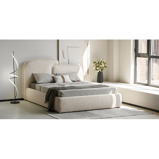 Čalúnená posteľ Nestia 160x200 cm, s roštom a úložným priestorom, svetlo béžová, zaoblená