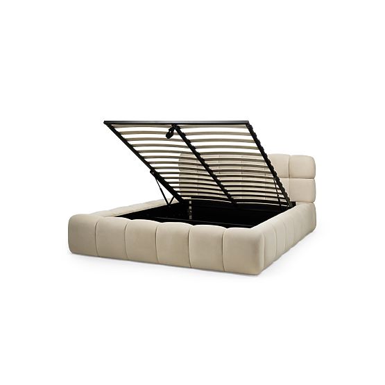 Čalúnená posteľ Nexo 160x200 cm, s roštom a úložným priestorom, svetlo béžová, oblých tvarov