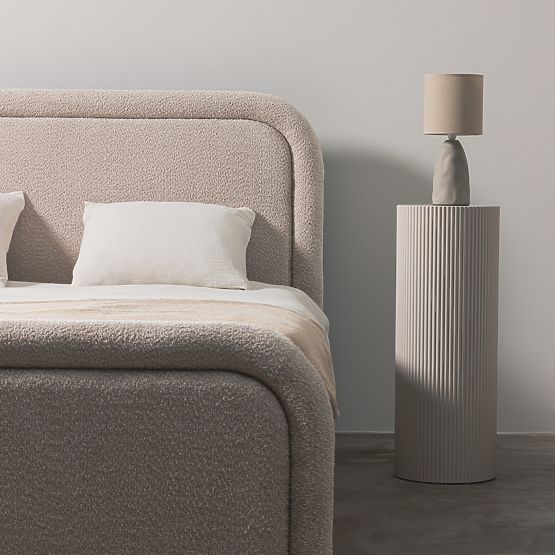 Čalúnená posteľ Ovoid 160x200 cm, s roštom a úložným priestorom, zaoblená, béžová