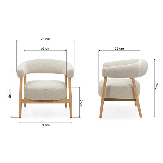 Čalúnená stolička/kreslo Montepulciano, svetlo béžová/dubové drevo, zaoblené