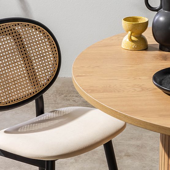 Drevená stolička Monet s viedenským výpletom, ratan, zamat, čierna/béžová