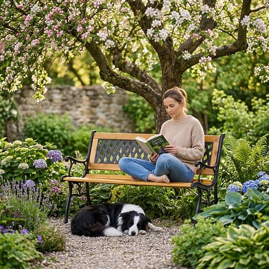 Drevená záhradná lavička 126x51 cm s mriežkovým operadlom a liatinovými nohami parková MultiGarden