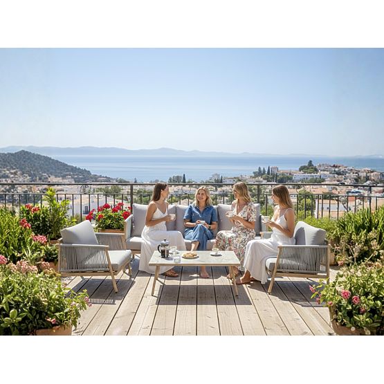 Hliníková sada terasového nábytku (Veľká pohovka, 2 x kreslo a stolík) BLANDO svetlosivá, hliník