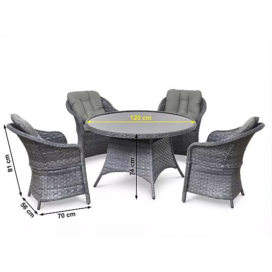 Jedálenská súprava z technoratanu (okrúhly stôl + 4 kreslá) MODERNO sivá