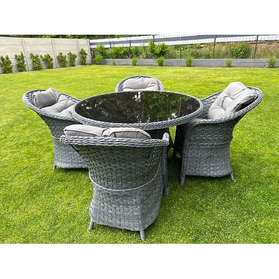 Jedálenská súprava z technoratanu (okrúhly stôl + 4 kreslá) MODERNO sivá