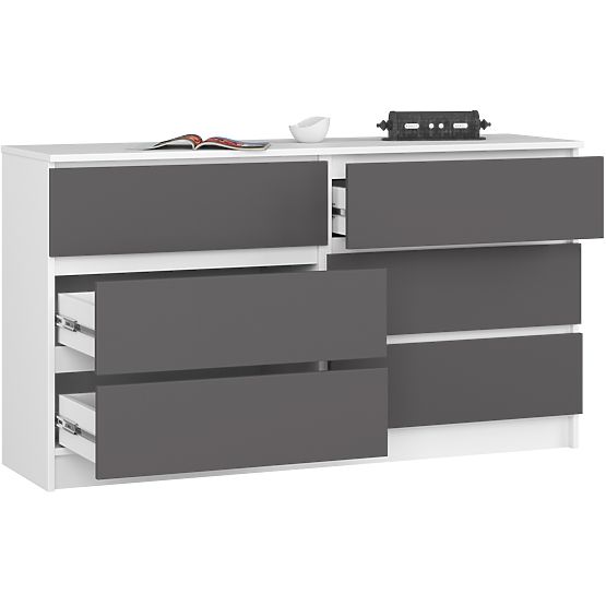 Komoda K 140 cm 6 zásuviek PK biela-grafitová sivá