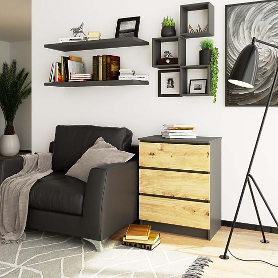 KOMODA K60 3SZ CLP GRAFITOVÁ ŠEDÁ / DUB ARTISAN