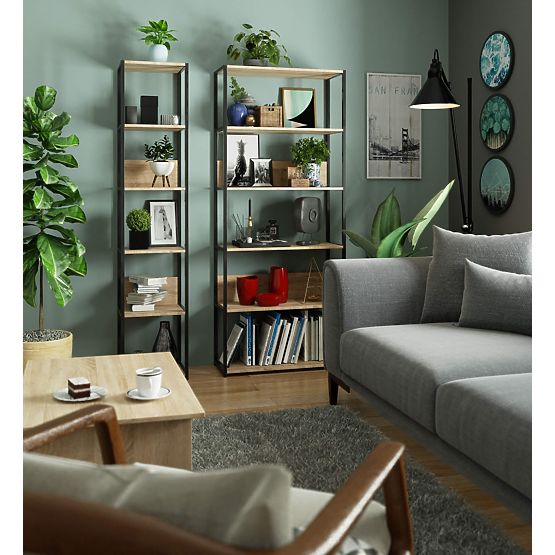 Kovový loftový regál 40 cm - čierny-dub sonoma - 6 políc