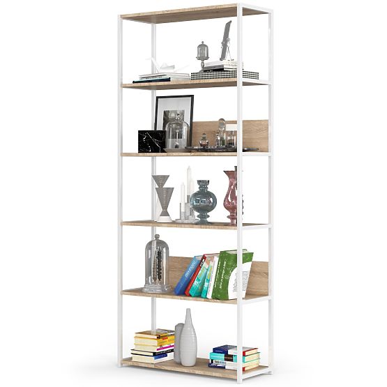Kovový loftový regál 80 cm - biely-dub sonoma - 6 políc