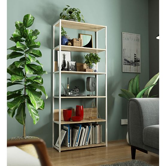 Kovový loftový regál 80 cm - biely-dub sonoma - 6 políc
