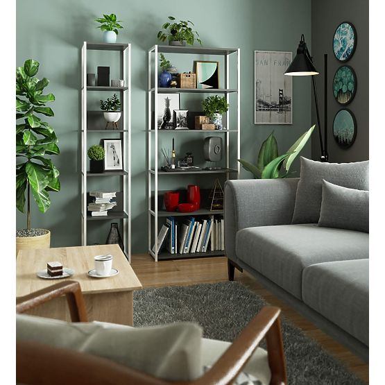 Kovový loftový regál 80 cm - biely-sivý - 6 políc