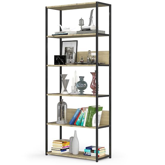 Kovový loftový regál 80 cm - čierny-dub artisan - 6 políc