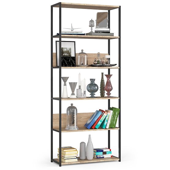 Kovový loftový regál 80 cm - čierny-dub sonoma - 6 políc