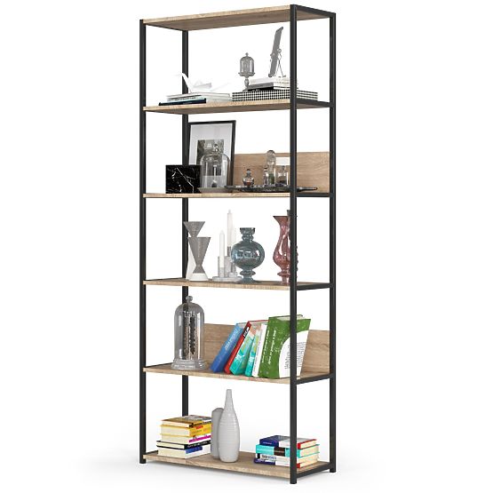 Kovový loftový regál 80 cm - čierny-dub sonoma - 6 políc