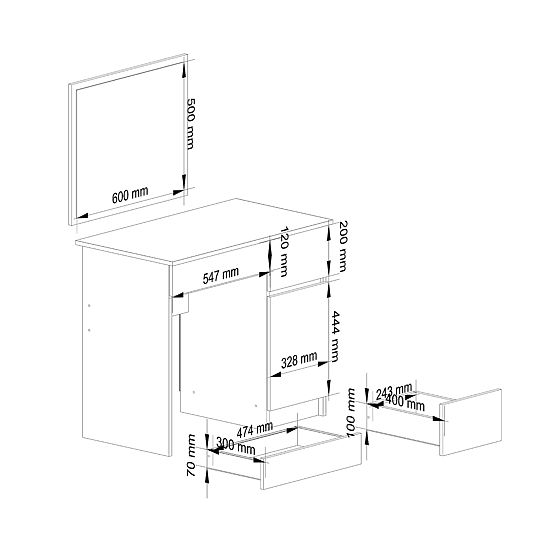 KOZMETICKÝ TOALETNÝ STOLÍK S ZRKADLOM P-2/SL 500x600 PRAVÝ PK BIELY