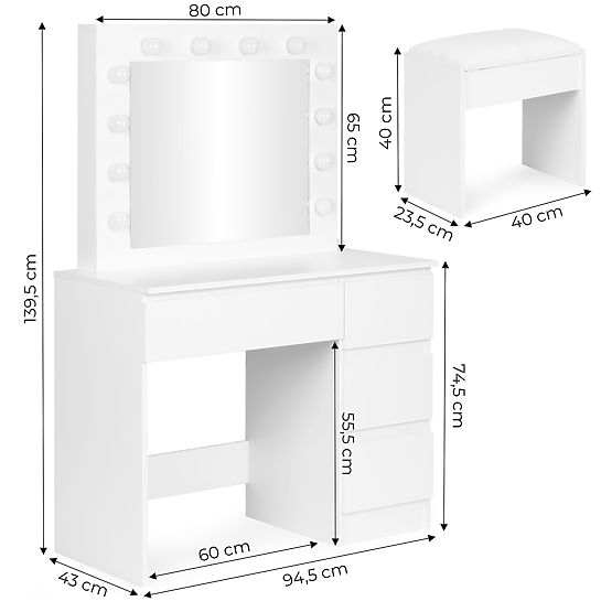 Kozmetický toaletný stolík so zrkadlom a LED osvetlením 4 zásuvky taburet ModernHome