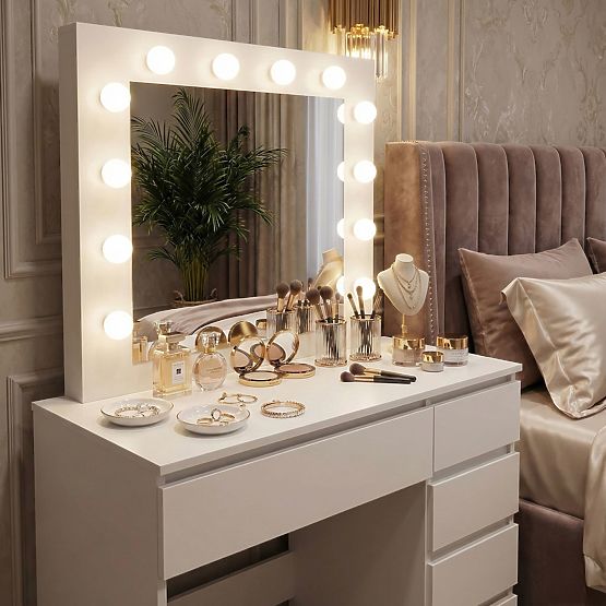 Kozmetický toaletný stolík so zrkadlom a osvetlením 5 zásuviek taburet ModernHome