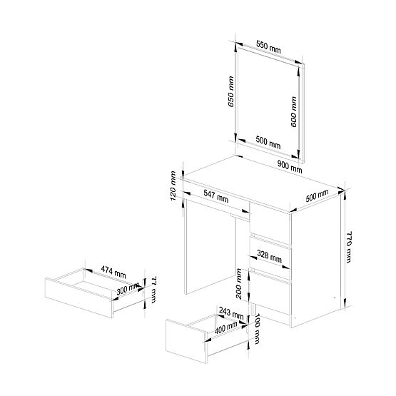 KOZMETICKÝ TOALETNÝ STOLÍK SO ZRKADLOM T-6/SL 500x600 PRAVÝ BIELY