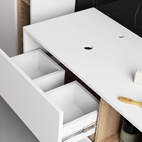 KÚPEĽŇOVÁ SKRINKA POD UMÝVADLO S OTVORMI VAMI W90 UM 2SZ 2P BIELA / DUB SONOMA