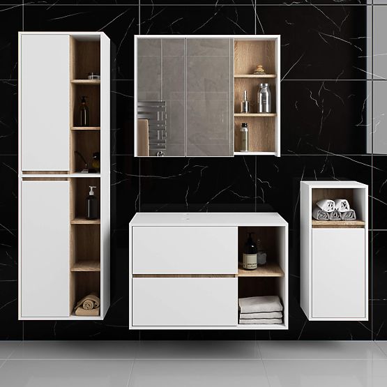 KÚPEĽŇOVÁ SKRINKA POD UMÝVADLO S OTVORMI VAMI W90 UM 2SZ 2P BIELA / DUB SONOMA