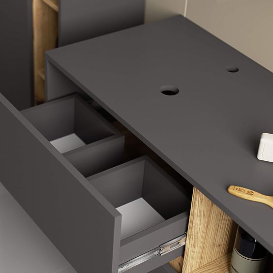 KÚPEĽŇOVÁ SKRINKA POD UMÝVADLO S OTVORMI VAMI W90 UM 2SZ 2P GRAFITOVÁ ŠEDÁ / DUB ARTISAN