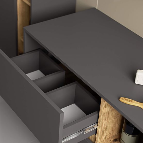 KÚPEĽŇOVÁ SKRINKA POD UMÝVADLO VAMI W 90 cm 2 ZÁSUVKY GRAFITOVÁ SIVÁ / DUB ARTISAN