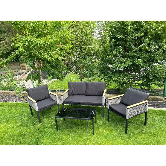 Malá sada nábytku na balkón (2 x kreslo, pohovka + stolík) CORTO čierny hliník, šedý technoratan