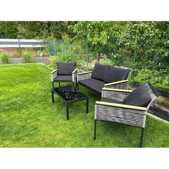 Malá sada nábytku na balkón (2 x kreslo, pohovka + stolík) CORTO čierny hliník, šedý technoratan