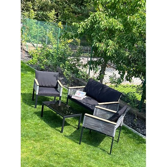 Malá sada nábytku na balkón (2 x kreslo, pohovka + stolík) CORTO čierny hliník, šedý technoratan