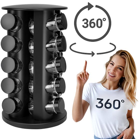 Otočný stojan na korenie ROTOR BLACK 20 pohárov + 72 nálepiek