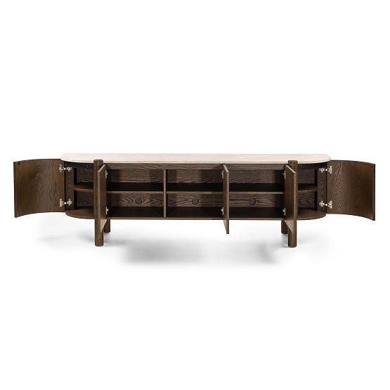 Päťdverová TV skrinka Bruna, dub mocha/mramor cream, zaoblená