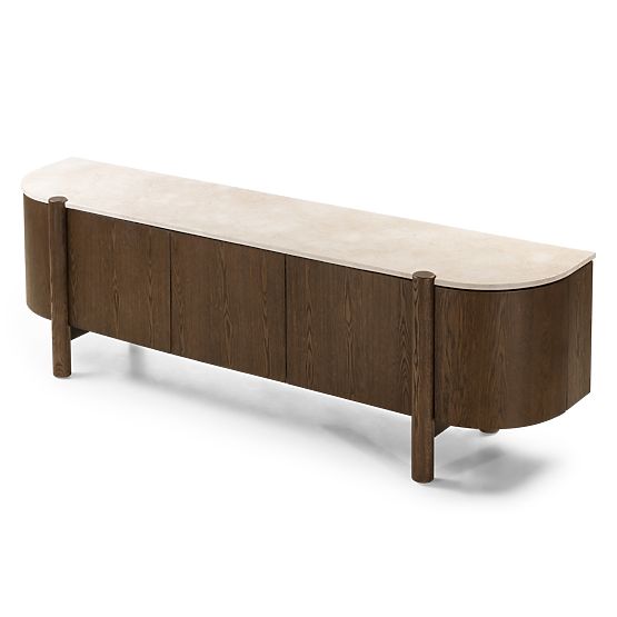 Päťdverová TV skrinka Bruna, dub mocha/mramor cream, zaoblená