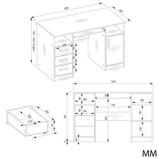 PÍSACÍ STÔL DELTA BIELY 120 cm 3 Zásuvky Skrinka Polica Do Kancelárie Izba Na Notebook