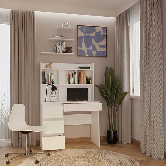 Písací stôl MIJAS Ľavý S Nadstavcom Biely Mat 4 Zásuvky 4 Poličky Do Kancelárie Izby