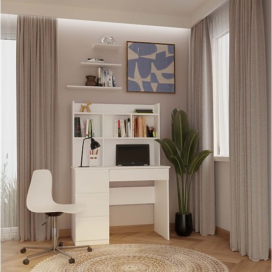 Písací stôl MIJAS Ľavý S Nadstavcom Biely Mat 4 Zásuvky 4 Poličky Do Kancelárie Izby