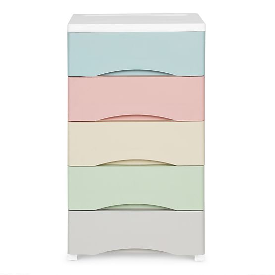 Regál s 5 výsuvnými zásuvkami, nohy s kolieskami, farebné zásuvky ModernHome