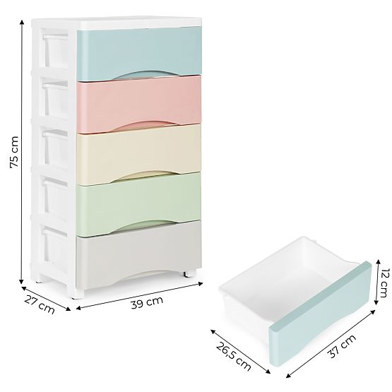 Regál s 5 výsuvnými zásuvkami, nohy s kolieskami, farebné zásuvky ModernHome